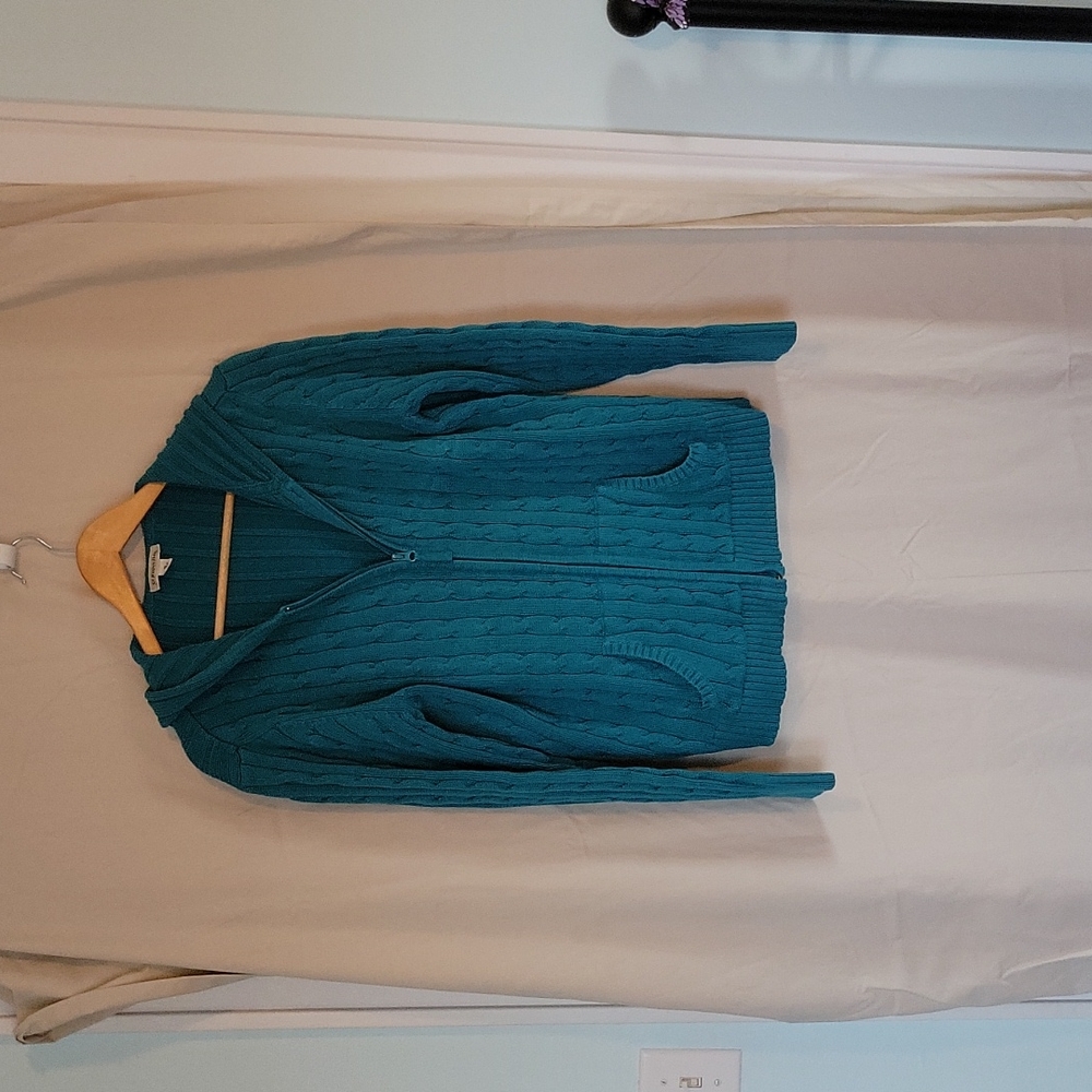 Turquoise Cable knit front zipper hooded Sweater